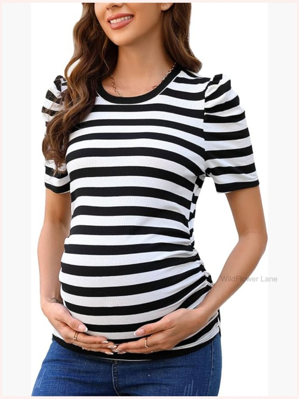 Maternity Floral Tunic Top Puff Sleeve Ruched Side T-Shirt